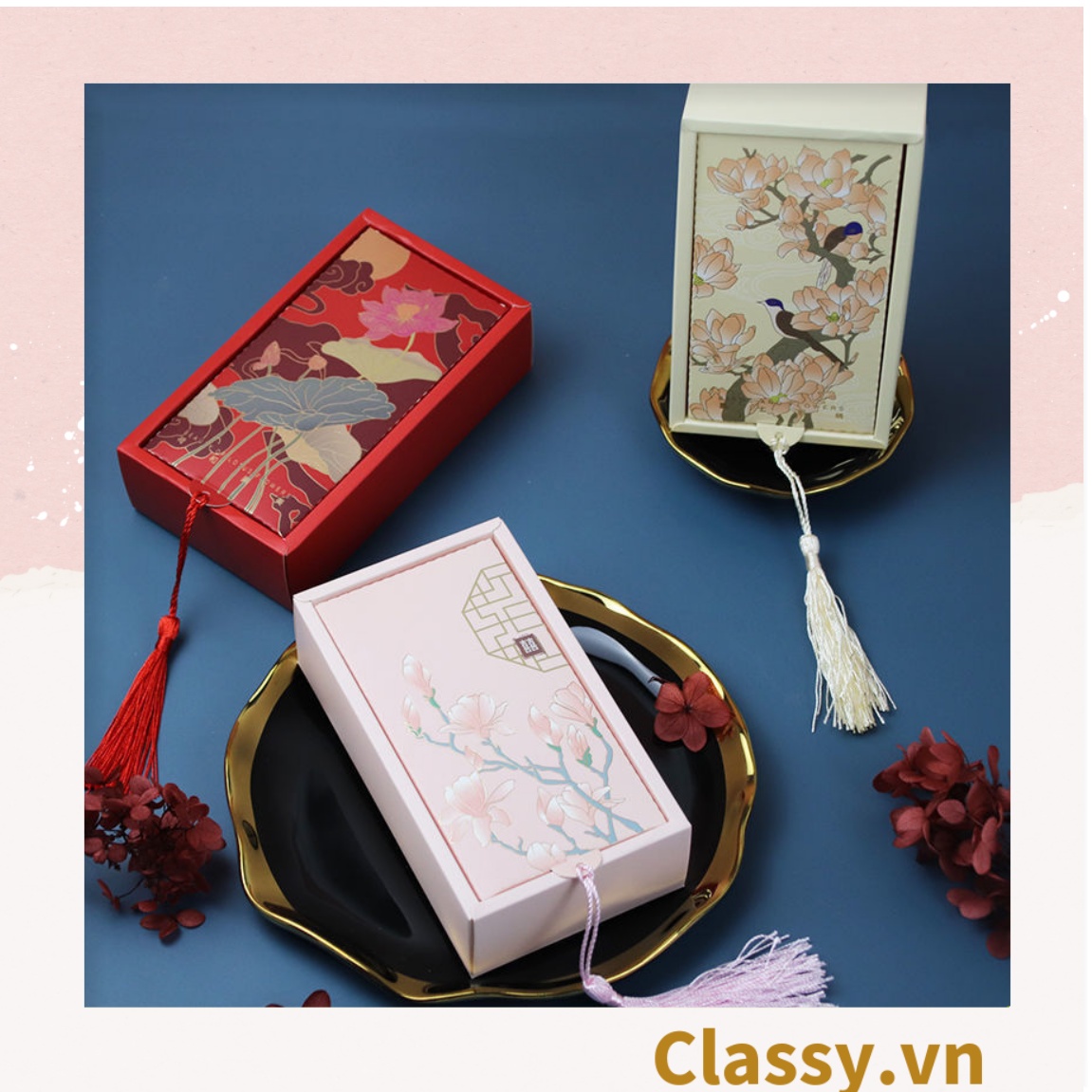 Q904 - - Hộp giấy cổ điển bằng giấy tự gấp đựng quà tặng kèm ruy băng
