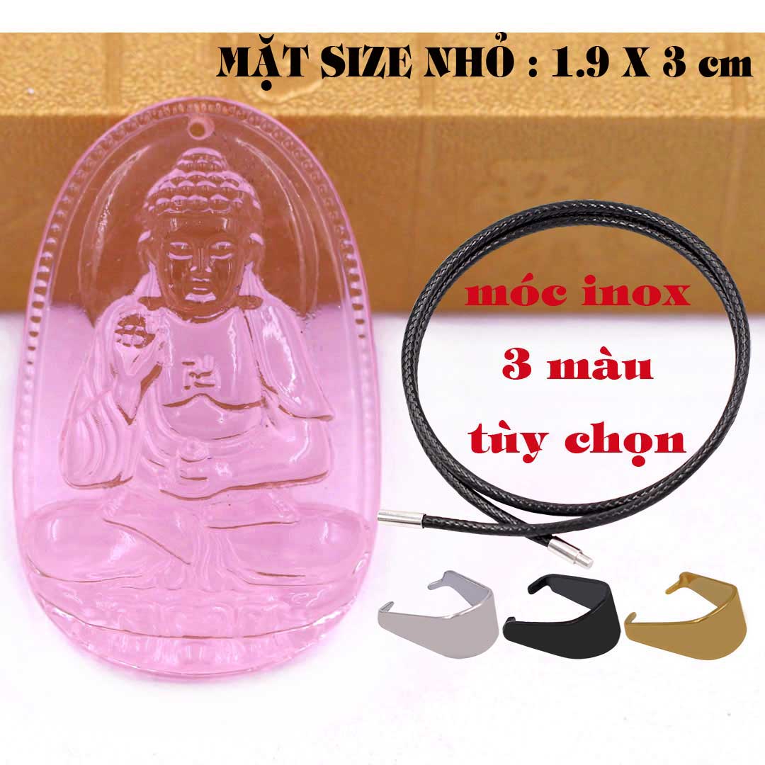 Mặt Phật A di đà pha lê hồng 1.9cm x 3cm kèm vòng cổ dây cao su đen + móc inox vàng, Phật bản mệnh, mặt dây chuyền