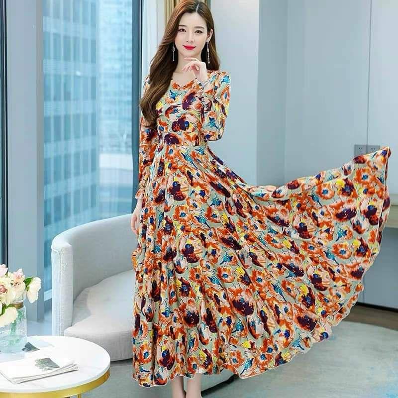 HÀNG NHẬP - ĐẦM MAXI VOAN HOA CỔ V TAY DÀI