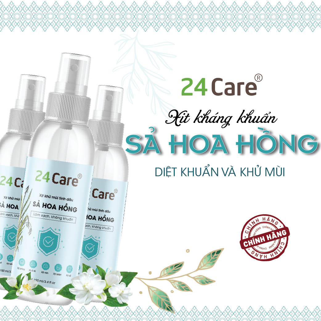 Tinh dầu xịt phòng Sả Hoa Hồng 24Care nguồn gốc thiên nhiên, đuổi muỗi, thơm phòng - [KHÁNG KHUẨN