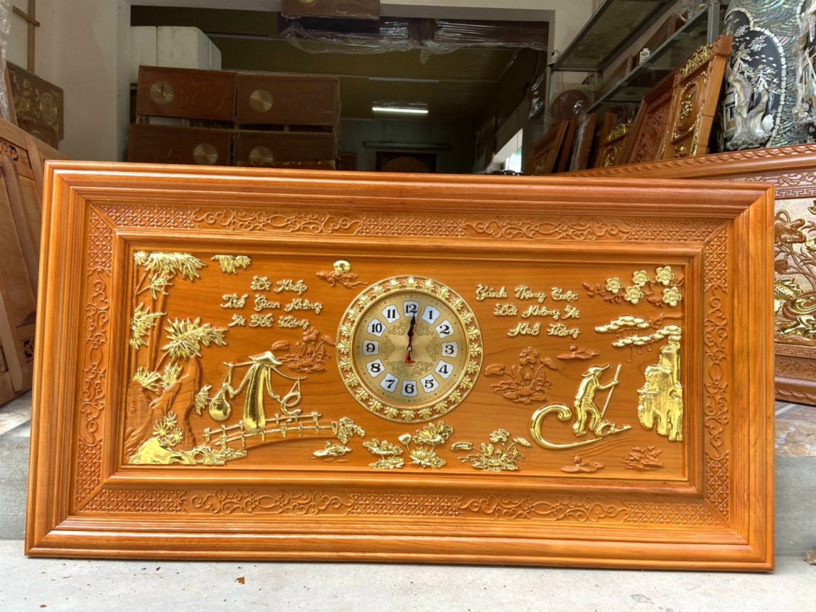 Tranh đồng hồ treo tường trạm khắc chữ cha mẹ bằng gỗ gõ đỏ kt 67×127×4cm