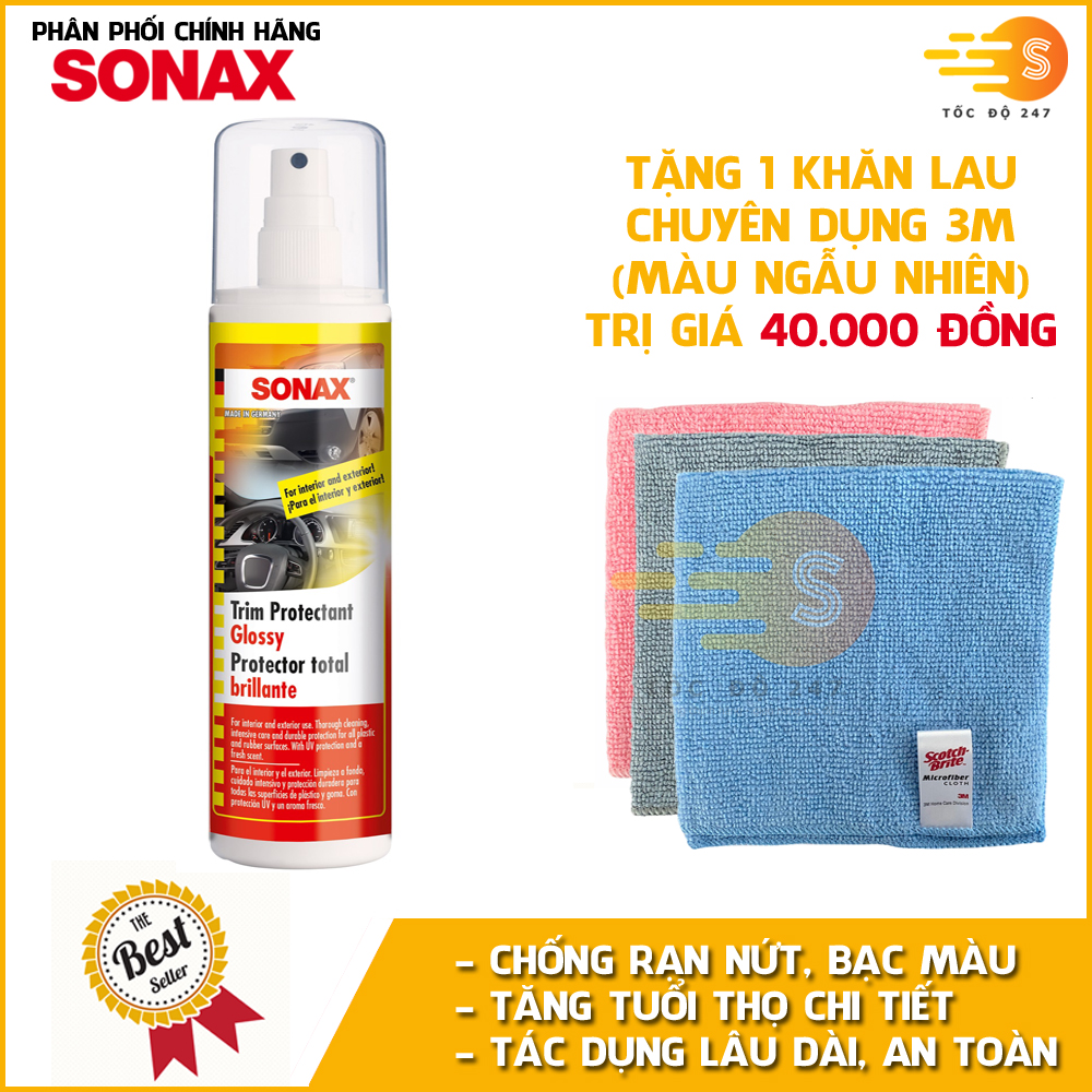 Chai xịt làm sạch và bảo dưỡng nhựa, gỗ nội thất xe Sonax 380041 300ml - tặng 1 khăn 3M màu ngẫu nhiên - Chống rạn nứt, bạc màu, chống tia UV, dùng trên nhiều chất liệu