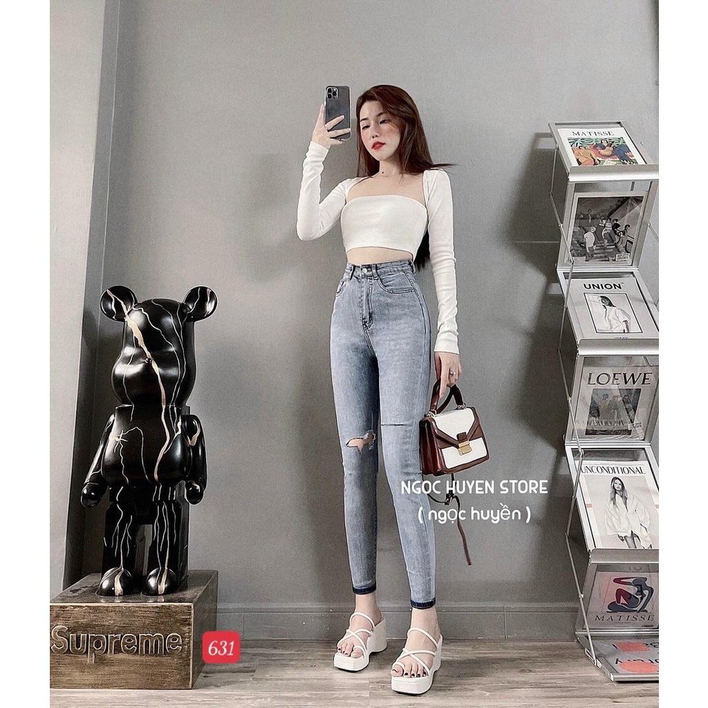 Quần jean nữ xám rách lưng cao cao cấp -chất denim co dãn tốt - quần chuẫn shop BEN Shop0807 HN11