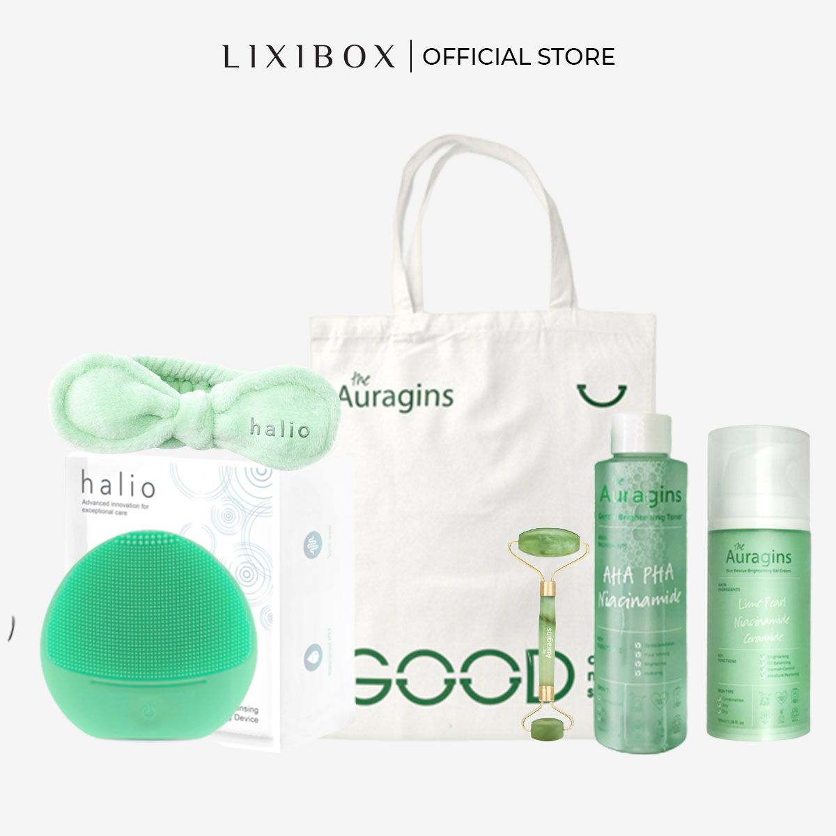 MINT BEAUTY BOX  Tạm biệt thâm nám ( Máy Rửa Mặt Dành cho da nhạy cảm , Nước Cân Bằng, Gel Dưỡng Ẩm FullSize, Thanh Lăn, Băng Đồ, Túi Tote)