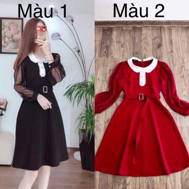 Đầm xoè phối cổ sen tay ren kèm đai thiết kế