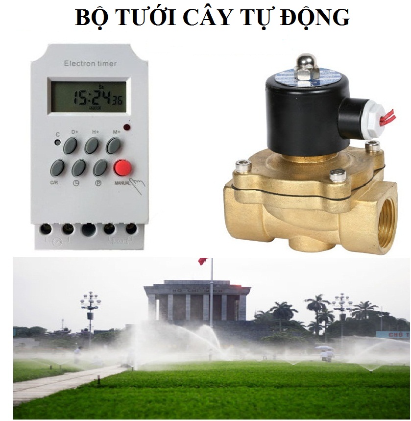 Bộ hẹn giờ tưới cây tự động van điện từ phi 21 Tặng công tắc hẹn giờ kg316t