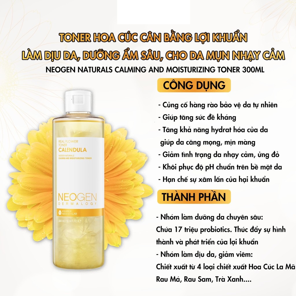 Nước Hoa Hồng Chiết Xuất Hoa Cúc Cấp Ẩm Dịu Da Cho Da Mụn Neogen Dermalogy Real Flower Calendula Toner 300ml