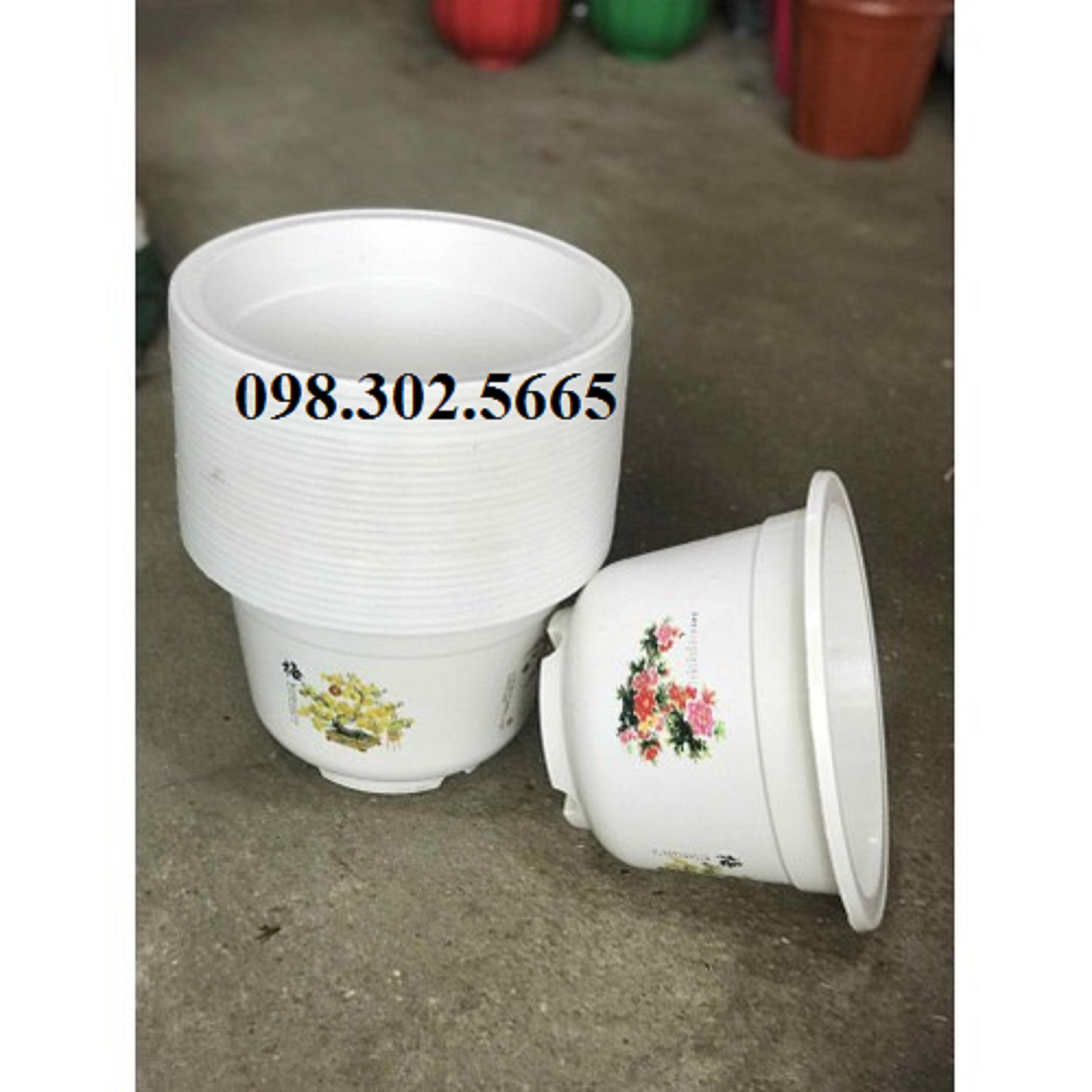 10 chậu nhựa trồng cây tròn trắng in hình hoa 4 mùa A280