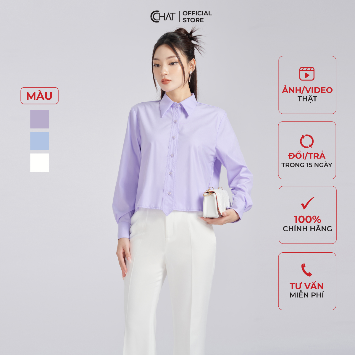 Áo Sơ Mi Nữ Kiểu Nẹp Nhọn Croptop Dáng Suông Chất Mango Cao Cấp 53FDE2030ST