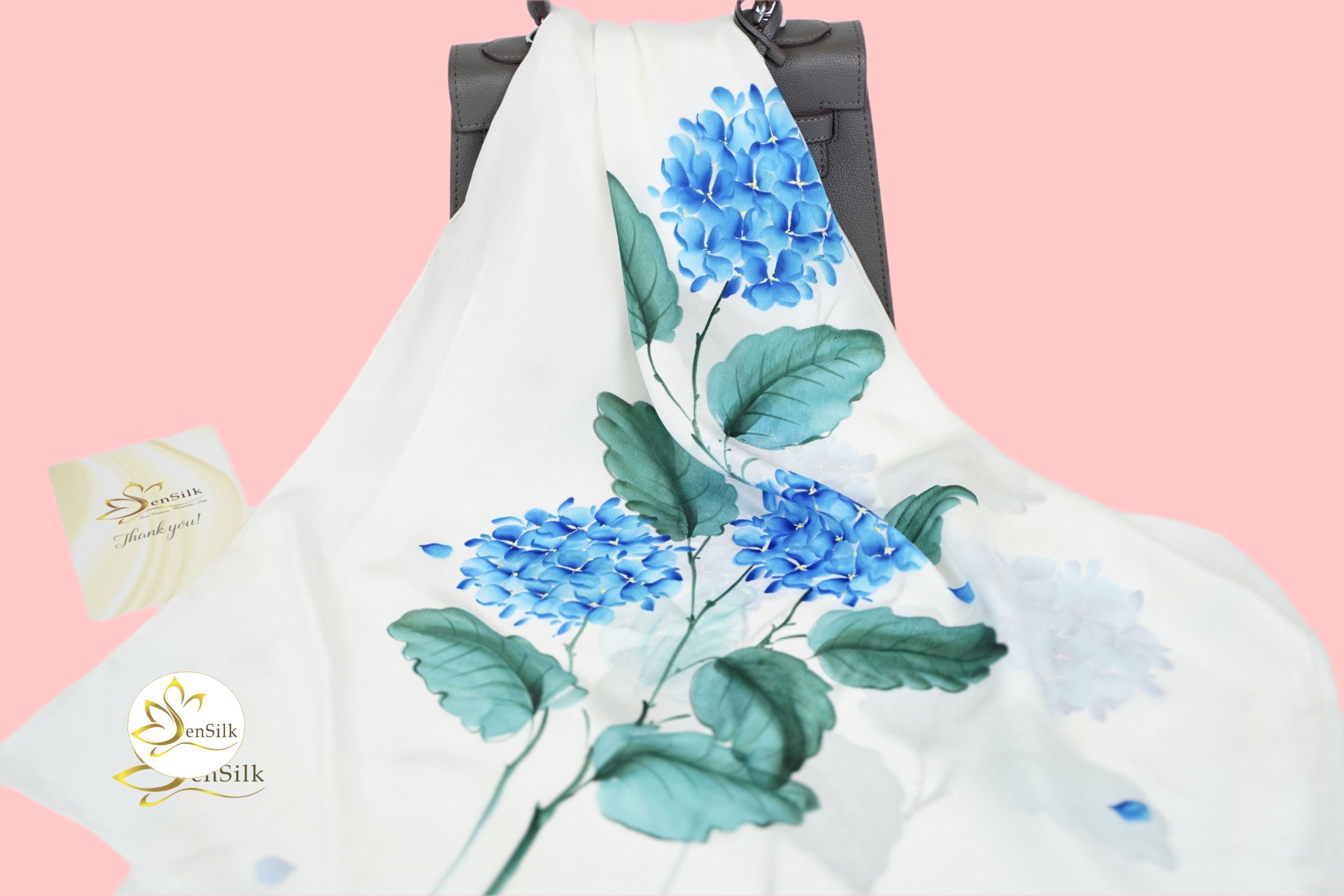 Silk Hand Painted 100% Pure Silk - Khăn Lụa Cao Cấp Vẽ Tay Cẩm Tú Cầu - Quà Tặng Khăn Lụa