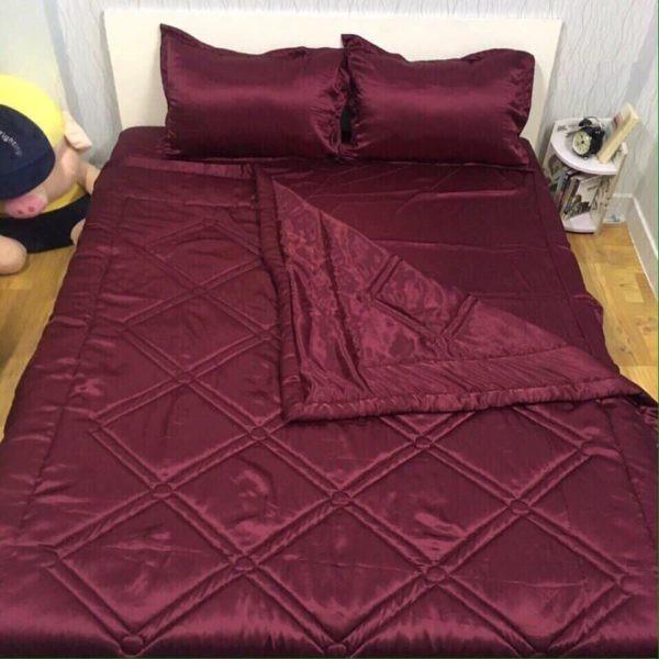 Bộ Chăn Trần Bông Ga Gối Phi Lụa 5 Món Cao Cấp Lan Bedding Màu Đỏ Mận