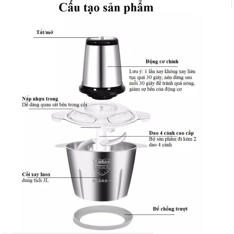 Máy xay thịt đa năng FOOD PROCESSOR cối inox 304 2 lít, 4 lưỡi dao sắc bén, xay siêu nhanh và mạnh mẽ