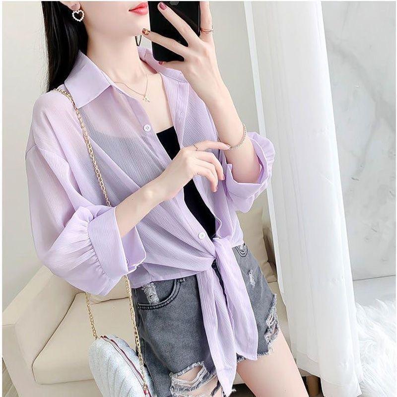 Áo SƠ MI VOAN nữ mỏng KHOÁC NGOÀI tay lửng CỘT DÂY thời trang xinh xắn