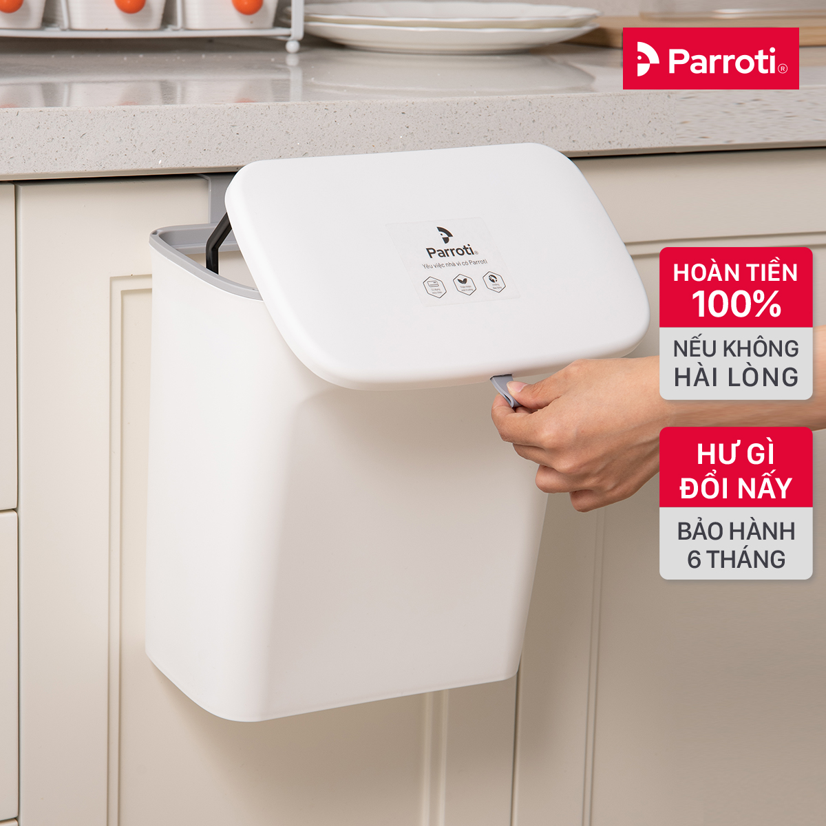 Thùng rác treo tủ bếp có nắp đậy thông minh, thùng rác treo tường dán tường, có thanh trượt cửa bếp – Parroti Bin BN01/BIN01