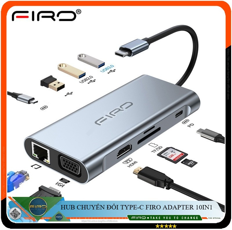 Hub Type-C To HDMI FIRO 10in1 Chuẩn HDTV - Hub Chuyển Đổi Type-C Chia 10 Cổng - 1 Cổng HDMI 4K, 3 Cổng USB 3.0, 2 Khe Đọc Thẻ TF/SD, 2 Cổng Type-C/PD, 1 Cổng VGA, 1 Cổng Mạng Lan - Kết Nối Tốc Độ Cao - Dùng Cho Smartphone/Laptop/PC/Tivi – Hàng Chính Hãng