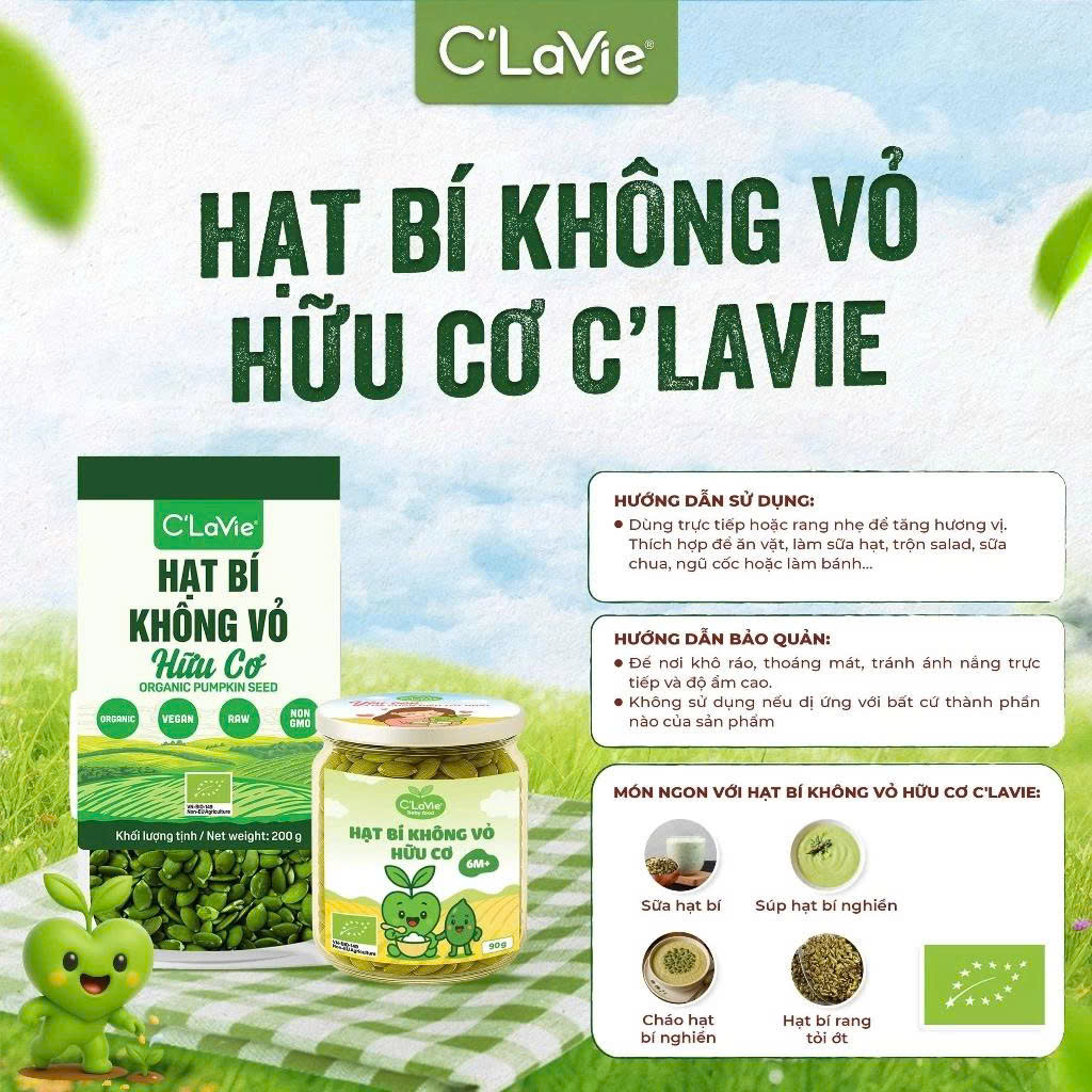 Hạt Bí Không Vỏ Hữu Cơ C'Lavie 200g - Nấu Sữa Hạt, Ngũ Cốc Ăn Dặm, Người Ăn Chay, Ăn Kiêng, Ăn Vặt, Làm Bánh, Eatclean, Healthy