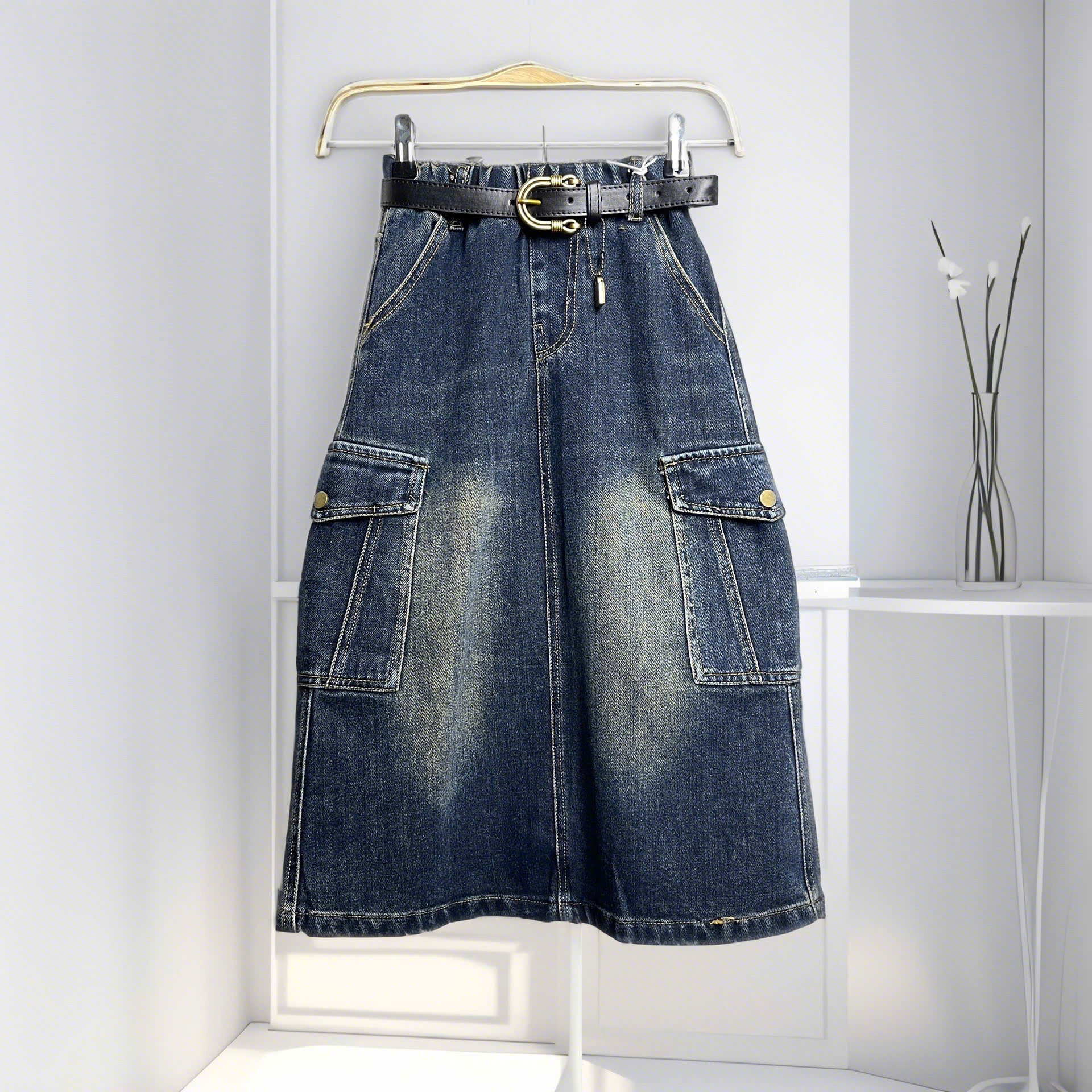 Chân váy bé gái dáng dài size đại 7-12 tuổi bò mài túi hộp 2 bên kiểu dáng khỏe khoắn thời trang