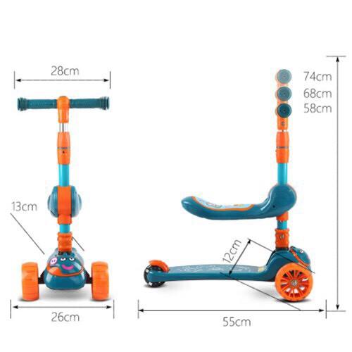 Xe scooter cho bé, xe trượt scooter cho trẻ em có ghế ngồi 3in1, 3 bánh gấp gọn có nhạc và đèn nháy