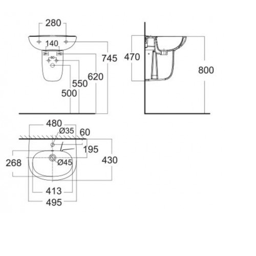 Hình ảnh Chậu lavabo rửa mặt +chân treo ốp tường Codie VF-0947/VF-0741(sản phẩm chưa bao gồm vòi)