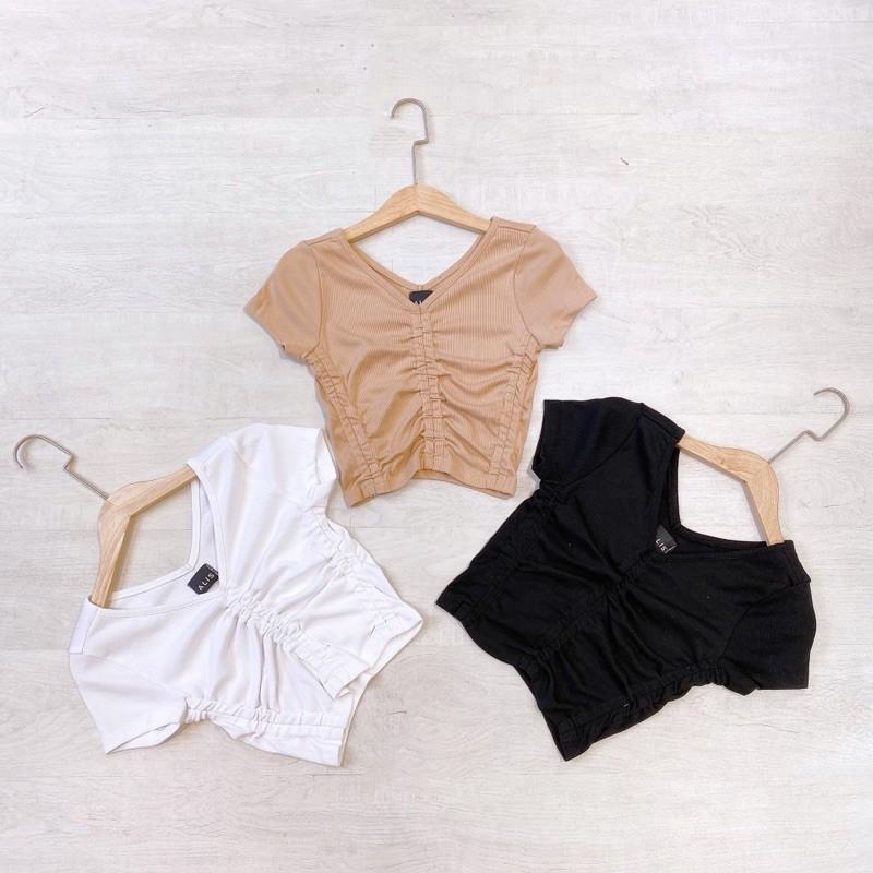 Áo Croptop Thun Gân Kiểu Nhún Rút Dây Ngắn Tay Thời Trang From Ôm Body Chuẩn Dáng Siêu Xinh Giá Rẻ Hở Eo Vải Dày Cá Tính