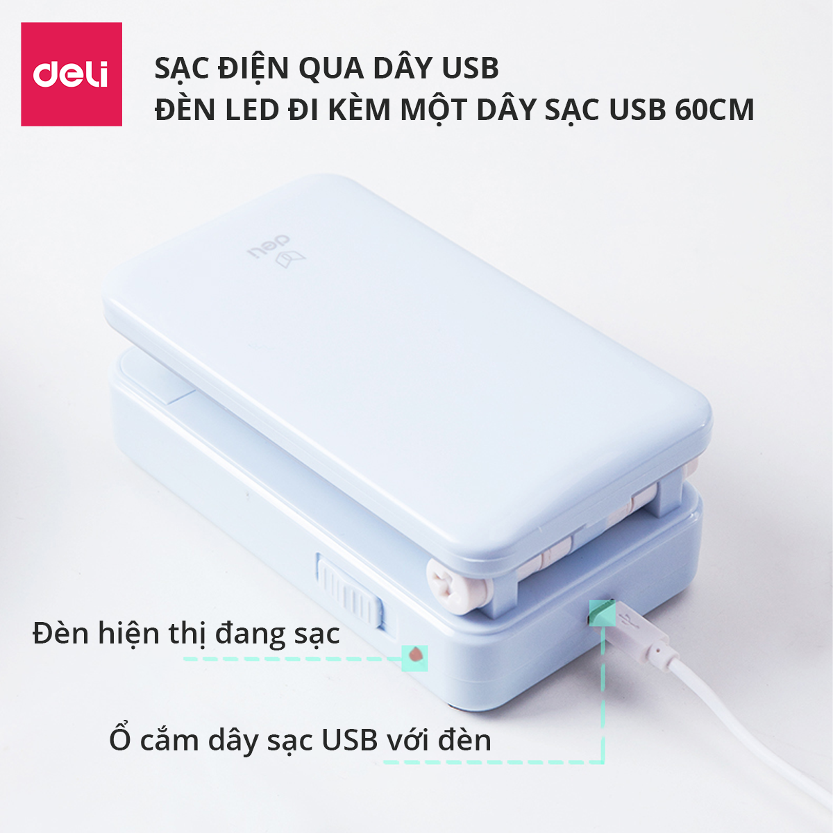 Đèn học để bàn tích điện gấp gọn Deli - 2 mức độ sáng -Đọc sách, làm việc (Học sinh, Sinh viên, Văn phòng) - 3676