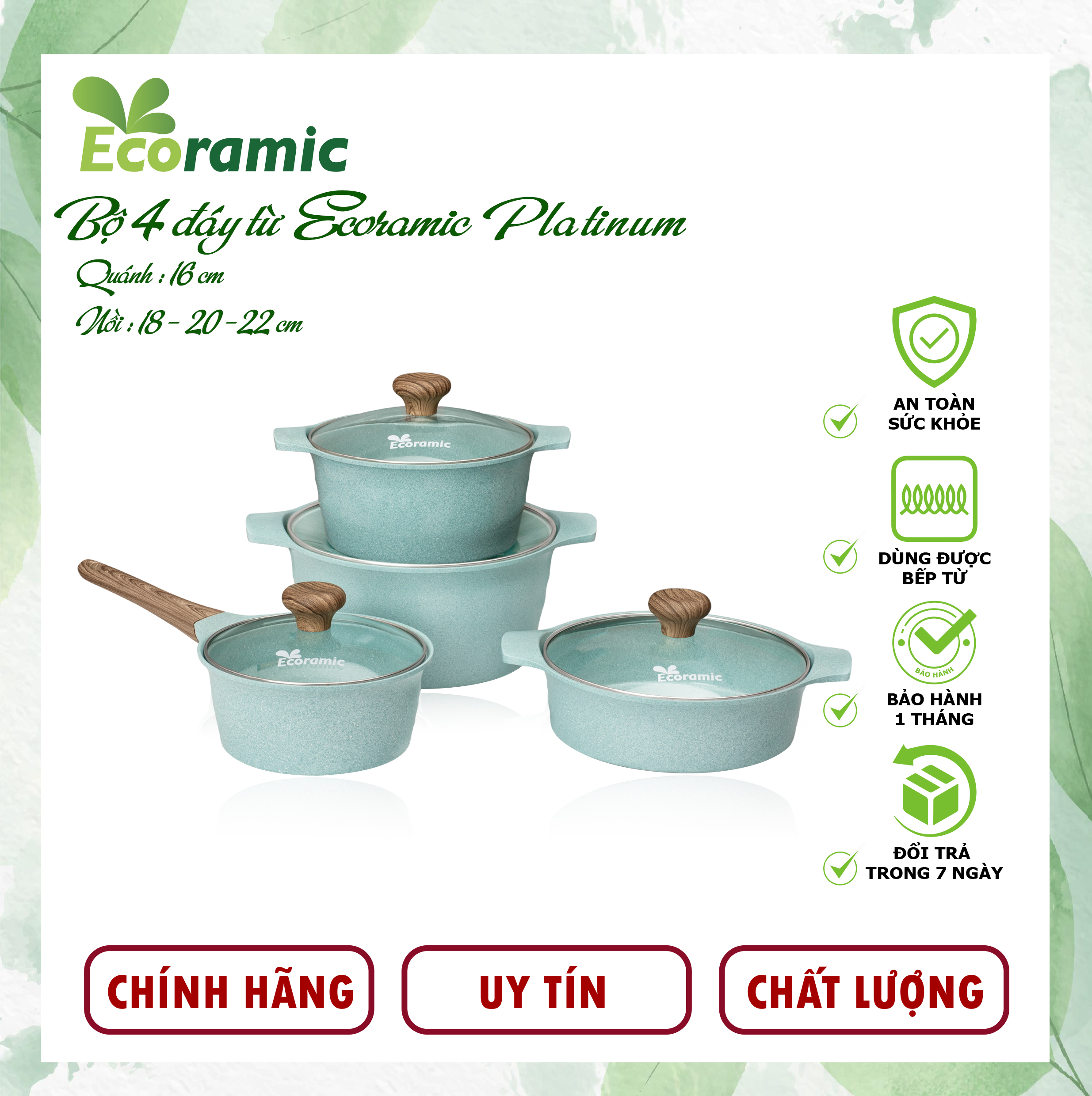 Bộ 4 Nồi Ecoramic Platinum Đáy Từ Chính Hãng Cao Cấp, Chống Dính, Siêu Bền, Bảo Hành 2 Tháng