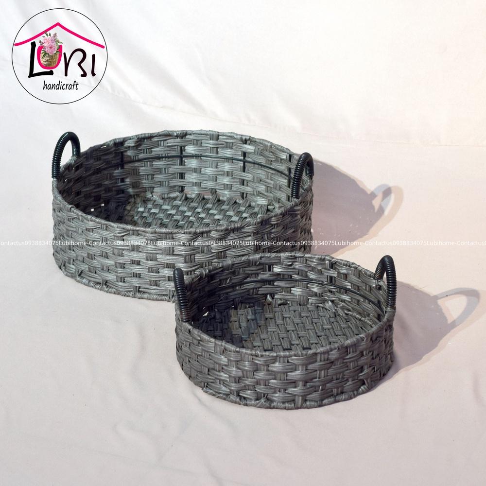 Lubihandicraft - Khay tròn đựng đồ đan dây nhựa quai cầm đen - xinh xắn