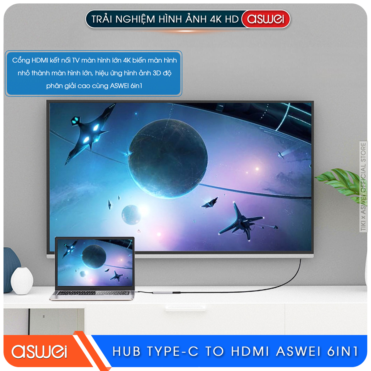 Hub Type C ASWEI 6 in 1 To HDMI, USB 3.0, SD, TF, PD 100W - Hàng Chính Hãng