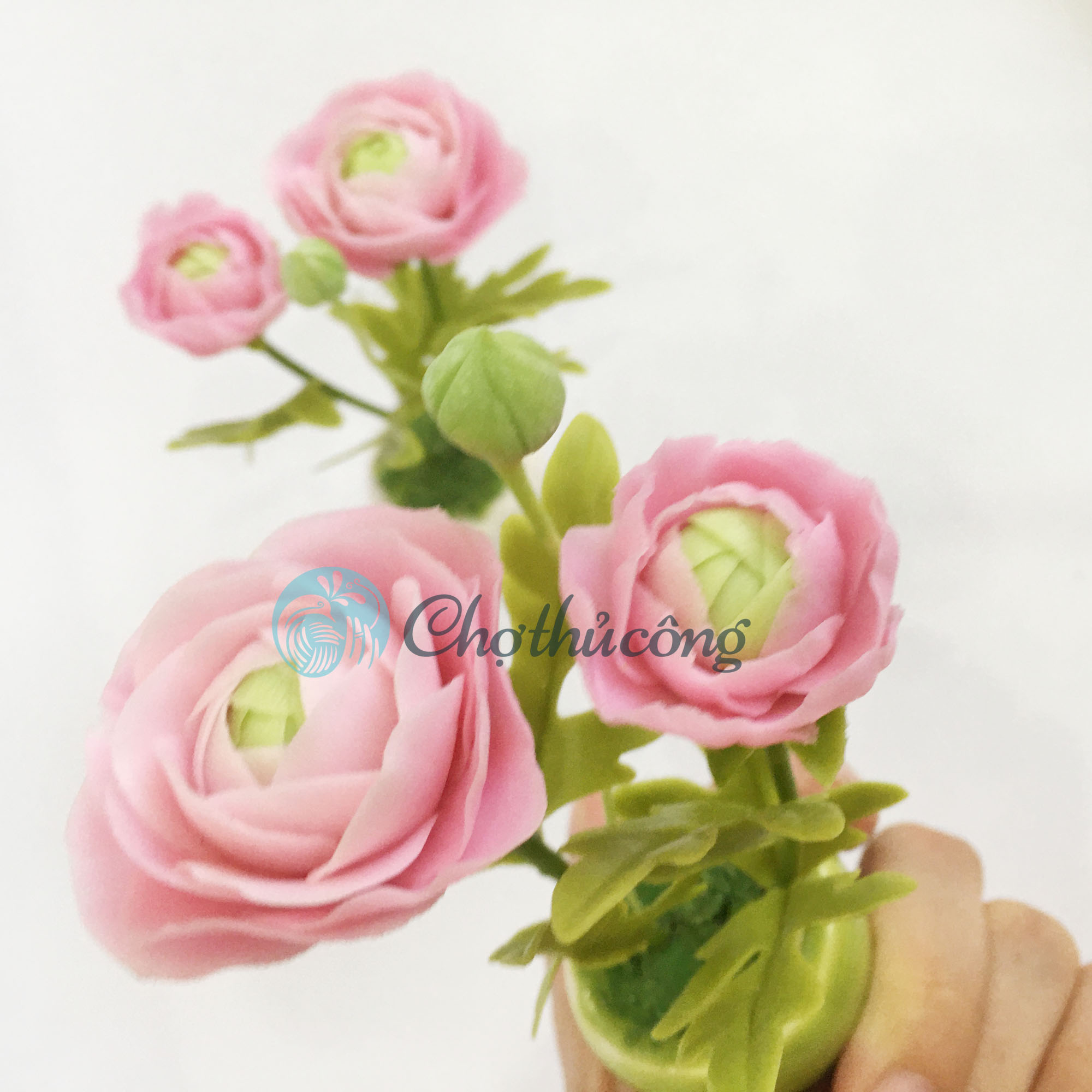 Chậu hoa đất sét mini - Cây hoa mao lương / Ranunculus - Quà tặng trang trí handmade