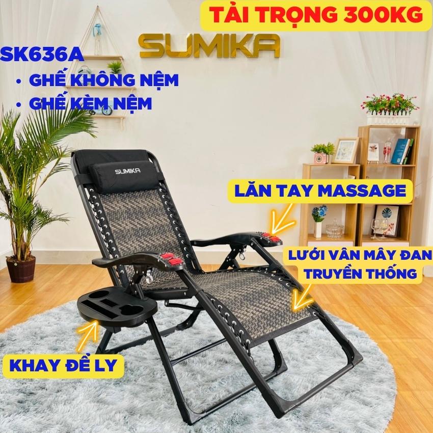 Ghế xếp thư giãn SUMIKA 636a, Lăn tay massage - lưới vân mây  sợi lớn thoáng mát, khung ghế thép sơn tĩnh điện cao cấp, tải trọng 300kg - tặng kèm KHAY ĐỰNG VẬT DỤNG - luôn có phụ kiện thay thế