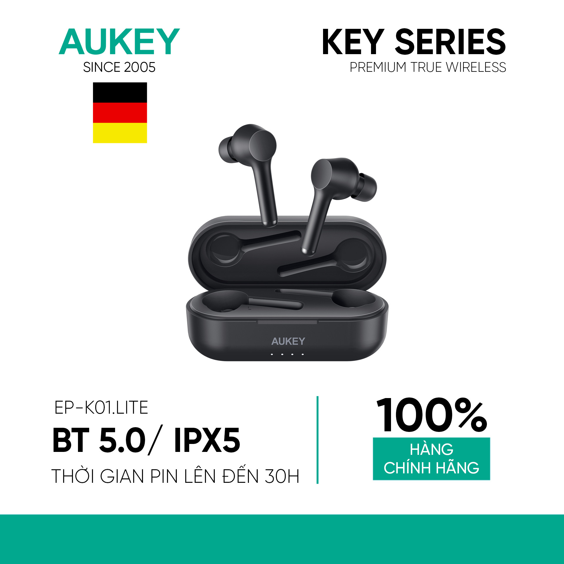 Tai Nghe AUKEY EP-K01 Lite Bass Booster, BT 5.0, Chống Nước IPX5, Pin Lên Tới 30H, Sạc Type C, Hỗ Trợ Nghe Độc Lập - Hàng Chính Hãng