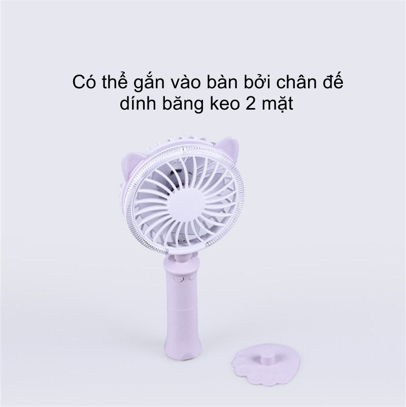 Quạt Cầm Tay Sạc Điện USB Dáng Con Mèo Có Đèn LED Đổi Màu Đặt Được Trên Bàn Bởi Đế Nhựa