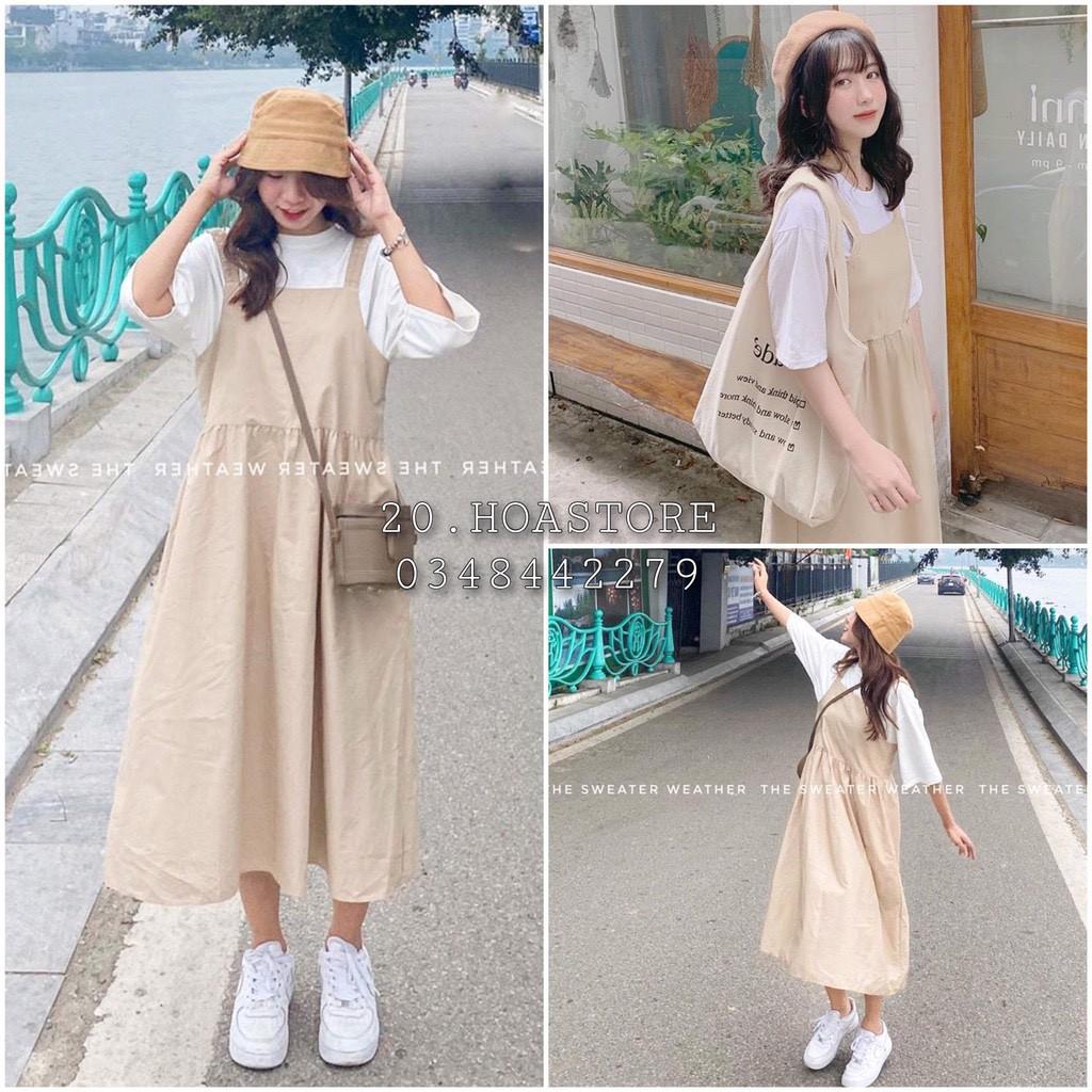 Set Ulzzang áo sơ mi váy yếm thô