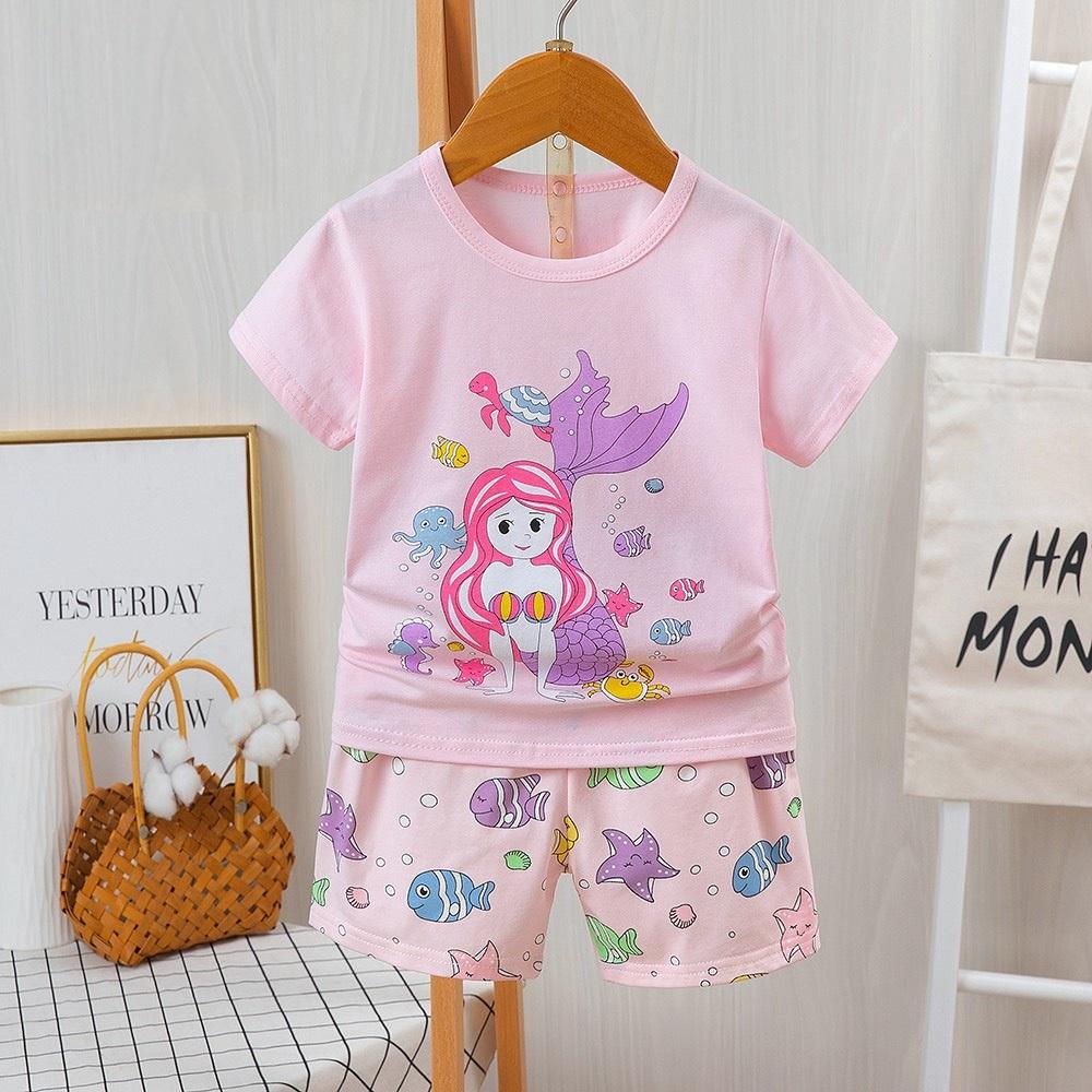 Bộ cộc tay bé gái 2-8 tuổi hình ngộ nghĩnh, Bộ hè cho bé xuất Hàn vải cotton co giãn tốt thấm hút mồ hôi tốt