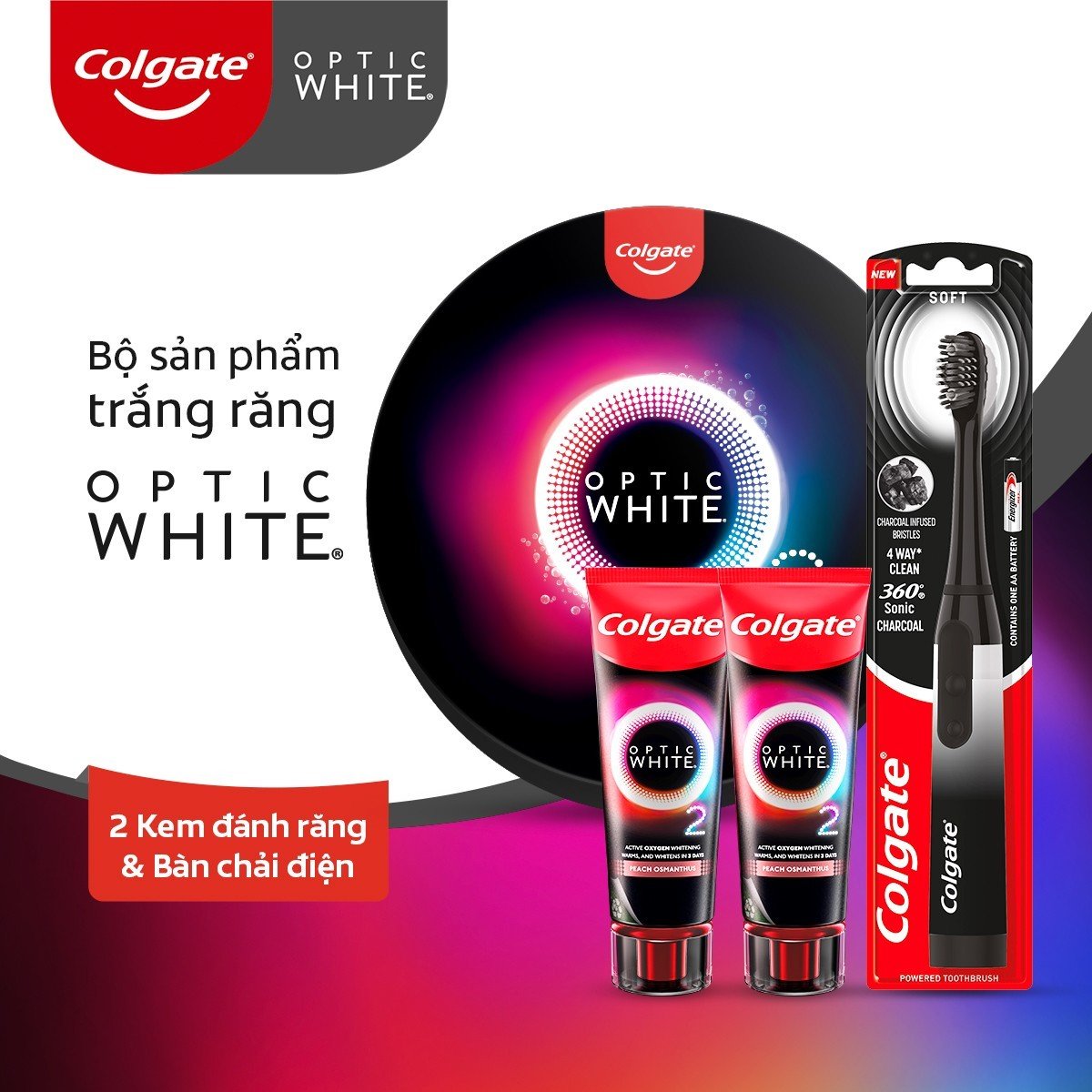 Combo bàn chải điện Colgate Sonic Charcoal và 2 kem đánh răng Colgate Optic White O2 85g trắng răng 3 ngày