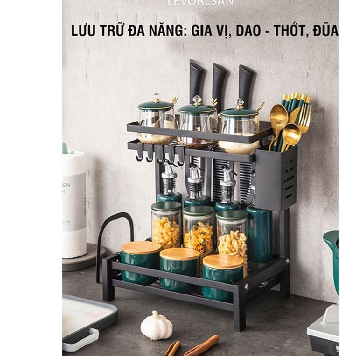 Kệ Để Gia Vị 2 Tầng Inox Sơn Tĩnh Điện Đen - Kệ Để Giao Thớt Đồ Dùng Nhà Bếp Đa Năng