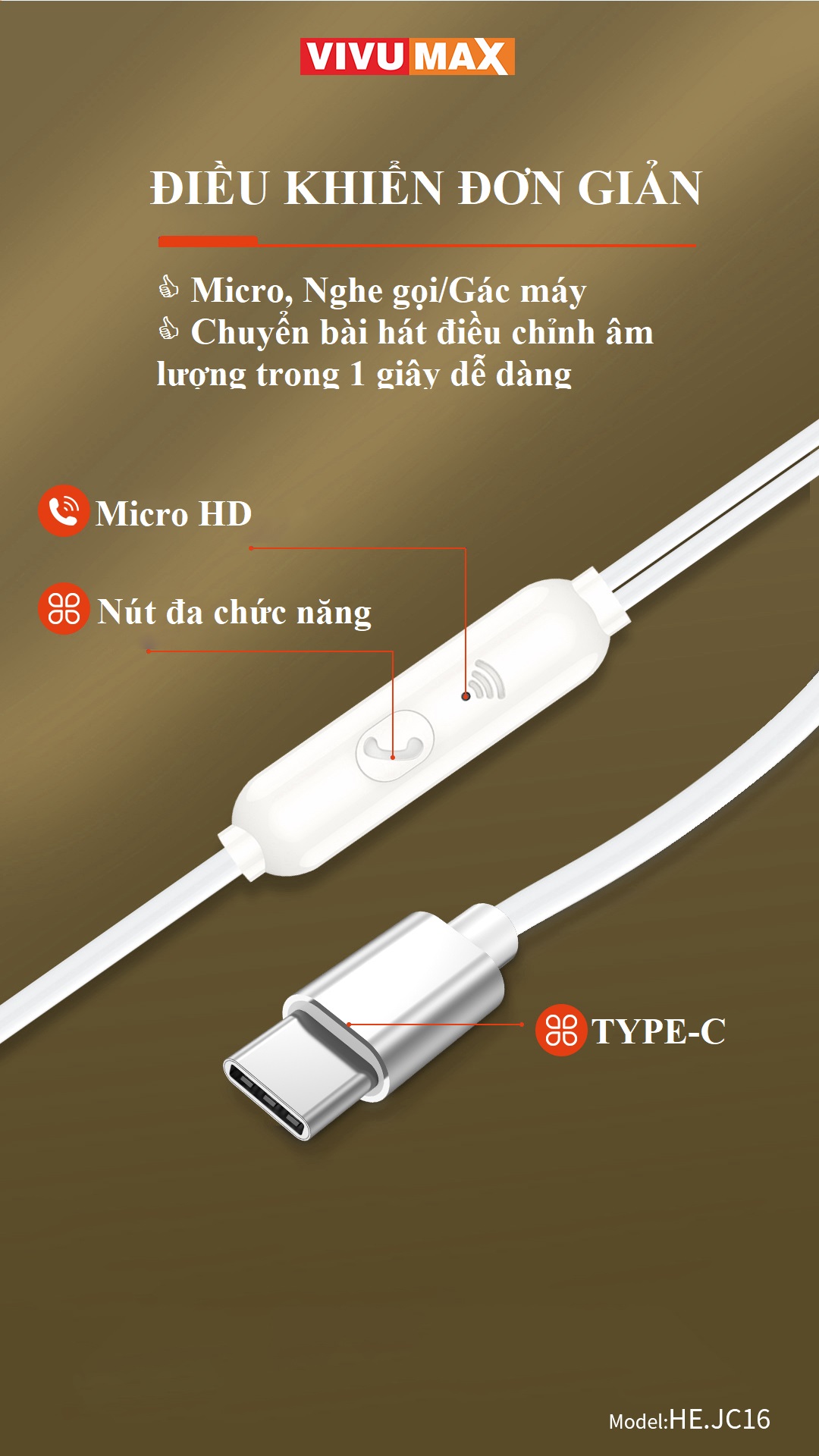 Tai nghe dây chân Type C Vivumax JC16 tương thích các thiết bị có cổng Type C - Hàng Chính Hãng, Bảo Hành Chính Hãng