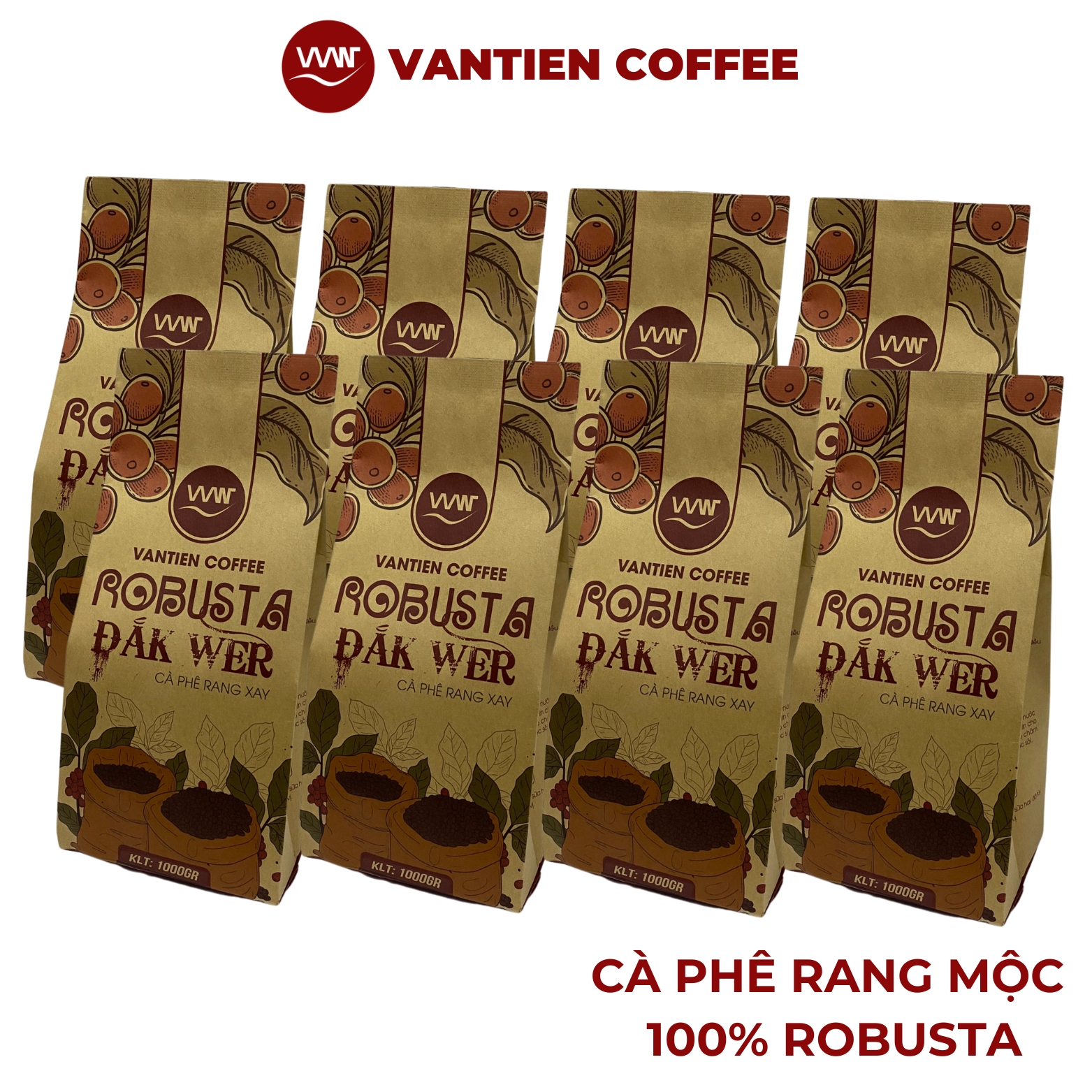 Thùng 8 túi Cà phê rang xay Robusta Đắk Wer Vantien Coffee 1kg/túi