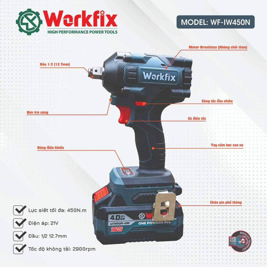 Máy siết bulong WORKFIX( WF-IW450N )đầu 2 trong 1 Lực siết 450Nm bảo hành chính hãƞg 12 tháng