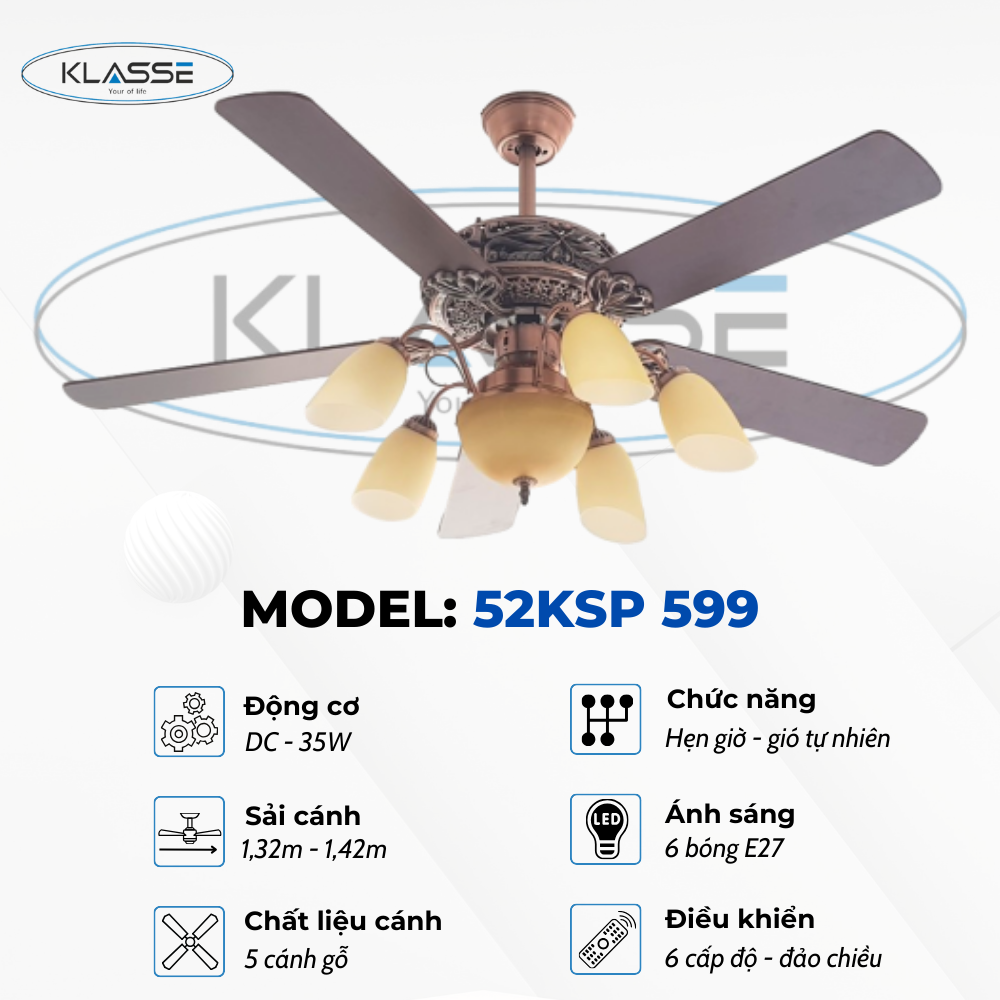 Quạt trần cánh gỗ chùm đèn Klasse 52KSP 599 Hàng chính hãng