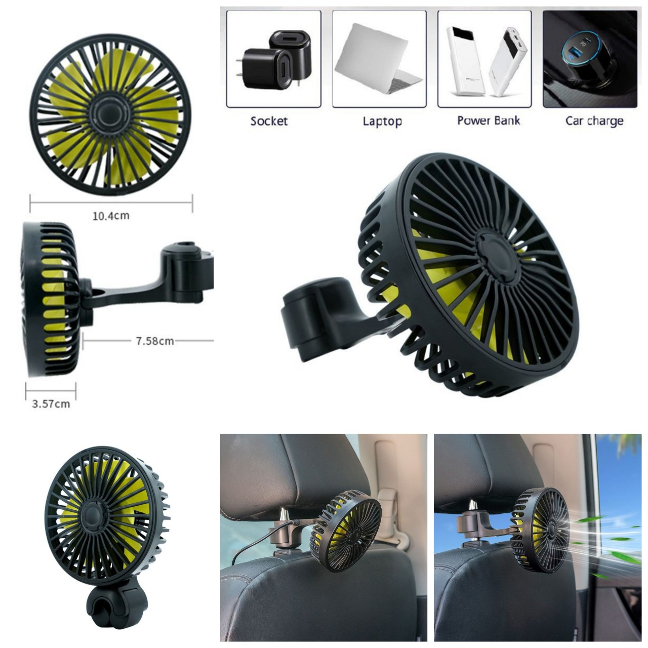 Quạt làm mát ghế sau xe hơi với 3 tốc độ gió mạnh mẫu mới loại tốt xoay 360 độ gấp gọn, phụ kiện xe hơi