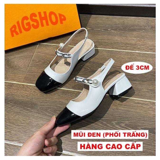 GIÀY CAO GÓT 6P MŨI TRÒN MÀU ĐEN KEM QUAI NGANG PHỐI XÍCH VÀ NGỌC CỰC CUTE D12