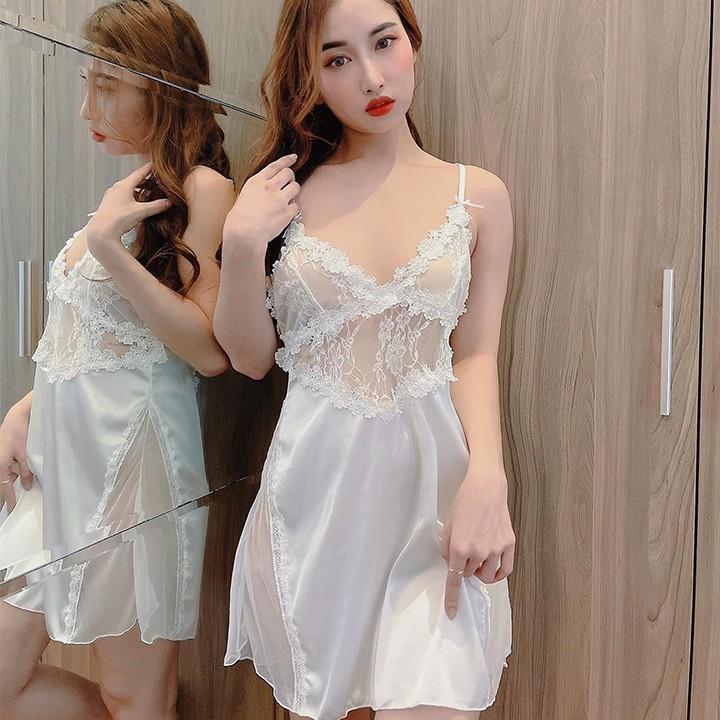 Váy ngủ lụa sexy ren ngực xuyên thấu hông và dây chéo lưng gợi cảm