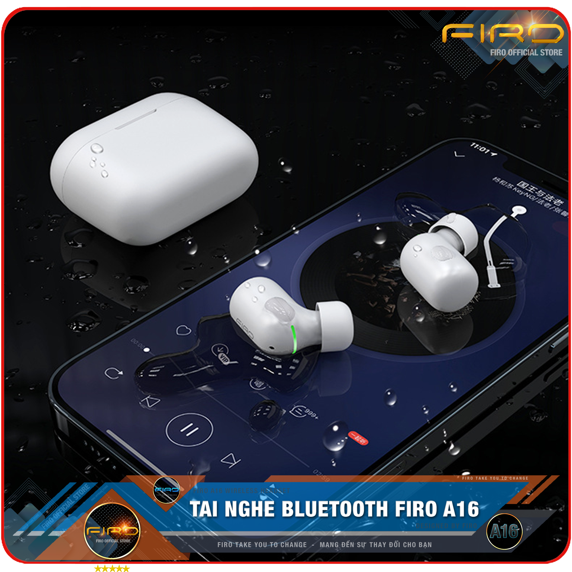 Tai Nghe Bluetooth FIRO A16 - Pin Dock Sạc 380mAh - Điều Khiển Cảm Ứng - Kháng Nước IPX5 - Thời Gian Sử Dụng 5 Giờ Liên Tục - Tai Nghe Bluetooth Nhét Tai Không Dây FIRO - Tai Nghe Gaming FIRO Cao Cấp - Hàng Chính Hãng
