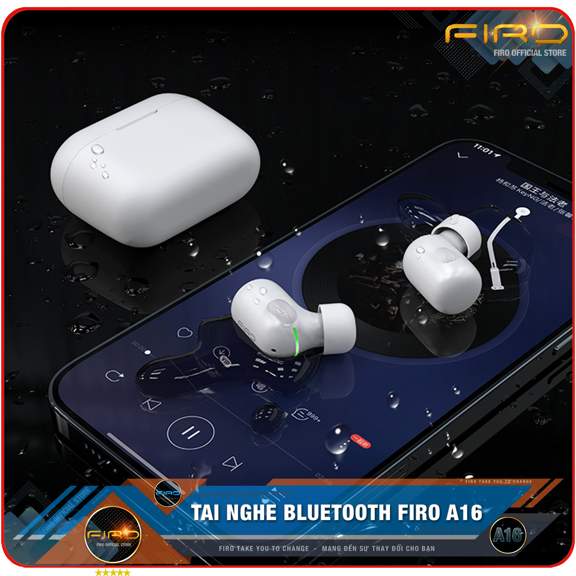 Tai Nghe Bluetooth FIRO A16 - Pin Dock Sạc 380mAh - Điều Khiển Cảm Ứng - Kháng Nước IPX5 - Thời Gian Sử Dụng 5 Giờ Liên Tục - Tai Nghe Bluetooth Nhét Tai Không Dây FIRO -  Tai Nghe Gaming FIRO Cao Cấp - Hàng Chính Hãng