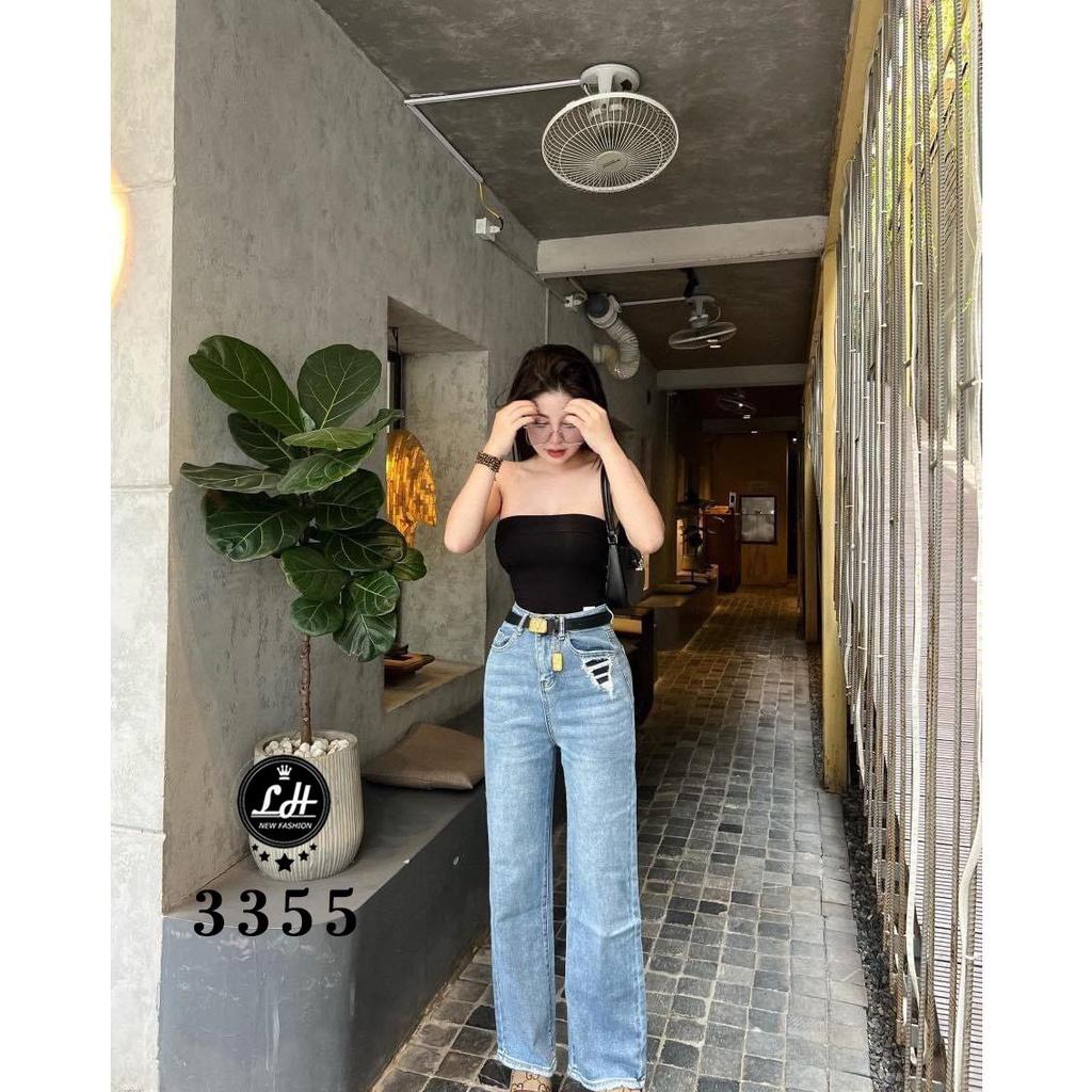 Quần jean nữ ống rộng, quần bò màu xanh loang rách túi tam giác đọc lạ Lê Huy Fashion MS 3355