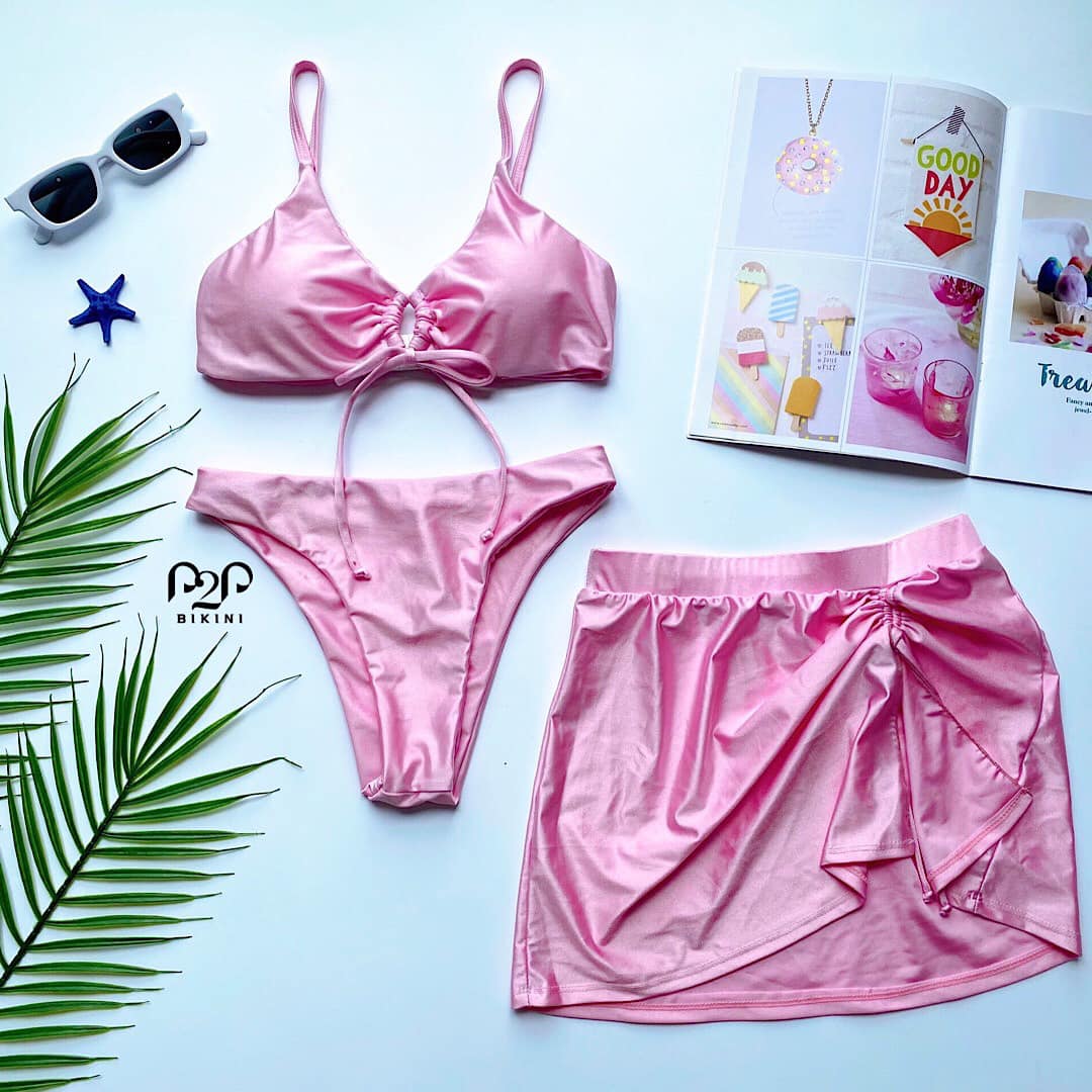 P2P BIKINI - Set đồ bơi 3 món, áo mút hai dây, quần tam giác kèm váy hồng nhạt - BTK420M_SET32