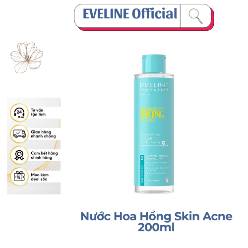 [Tặng Mặt nạ Sambijo-Son Eveline] Nước hoa hồng Eveline Perfect Skin Acne điều tiết bã nhờn và se khít lỗ chân lông 200ML