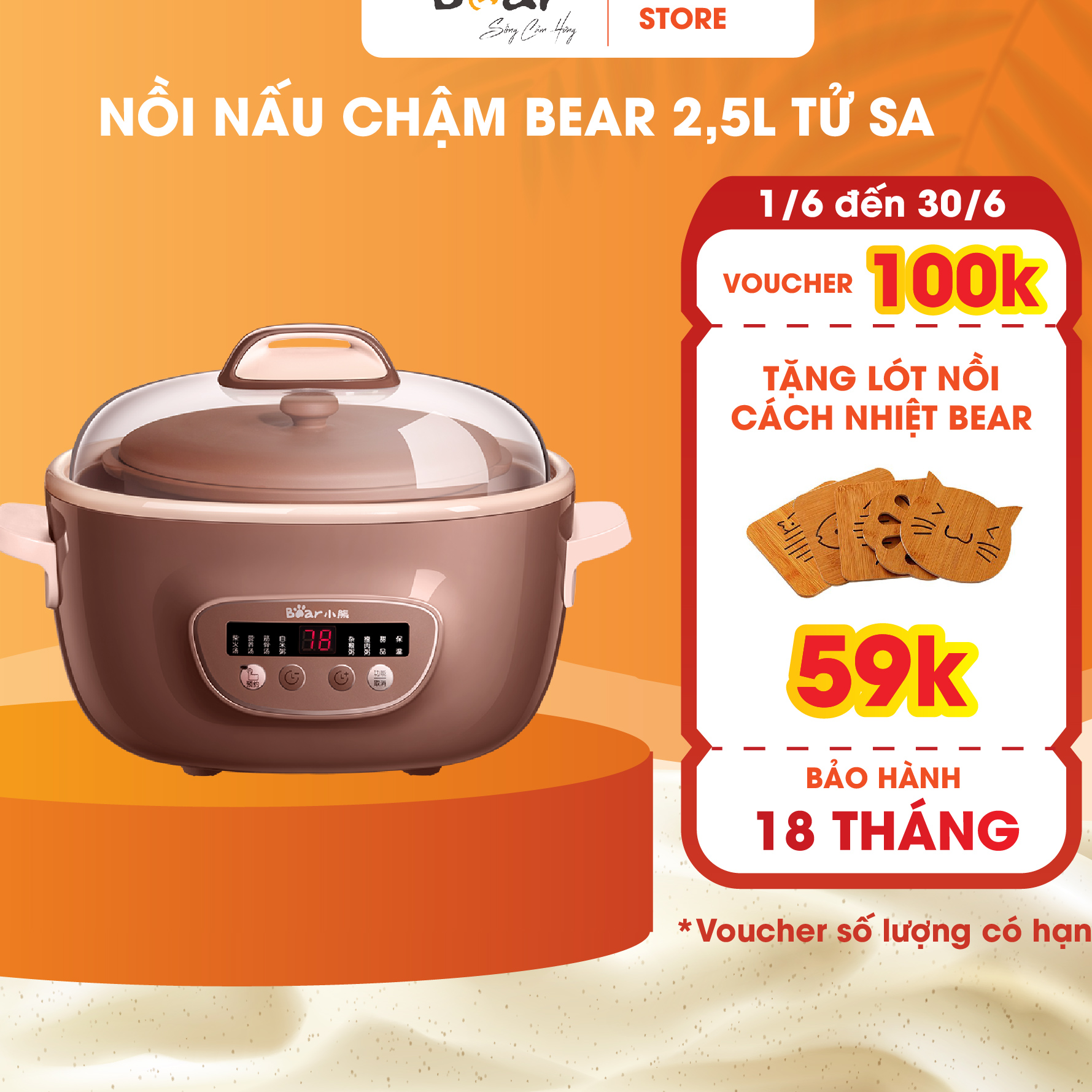 Nồi Nấu Chậm Thố Đất Tử Sa Bear 2,5L Đa Năng Nấu Cháo, Chưng Yến DDZ-C25R6 - Hàng chính hãng