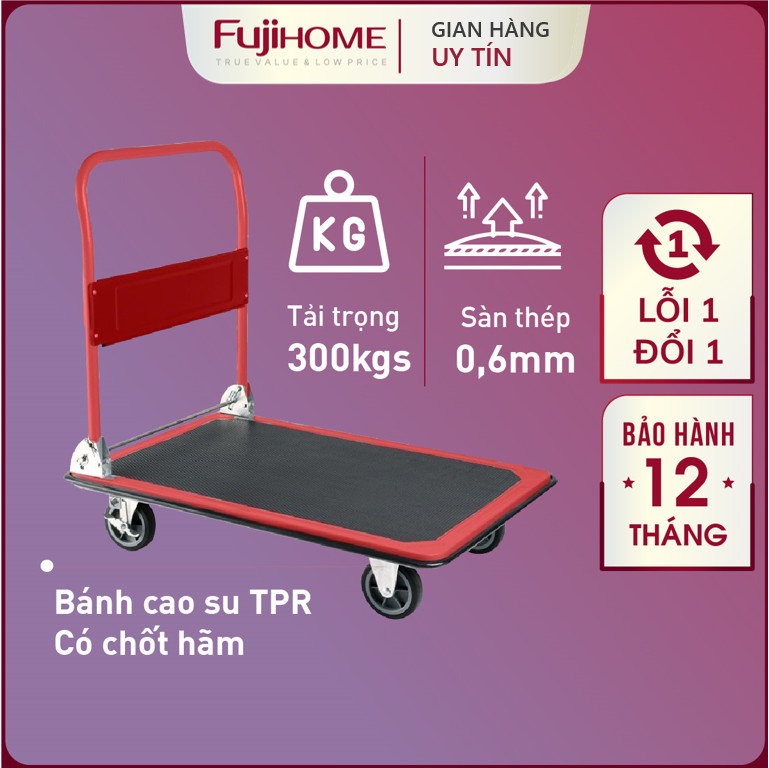 Xe đẩy hàng 4 bánh gấp gọn 300kg Nhật Bản Fujihome sàn thép, bánh cao su cao cấp không ồn có khóa bánh, xe chở đồ kéo hàng gấp gọn đa năng platform hand truck